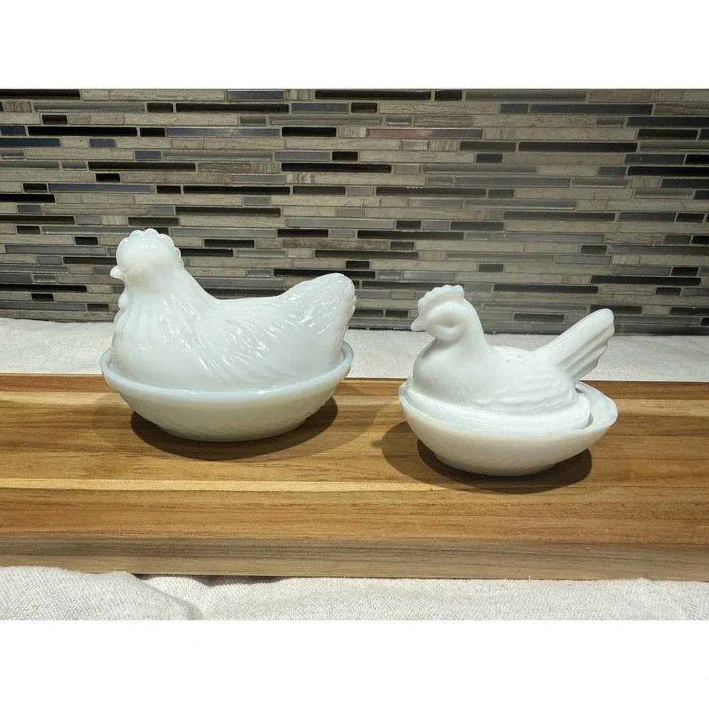 Vintage Set Of 2 Milk Glass Chicken Hen on Nest EVC Candy Dish Hazel Atlas?